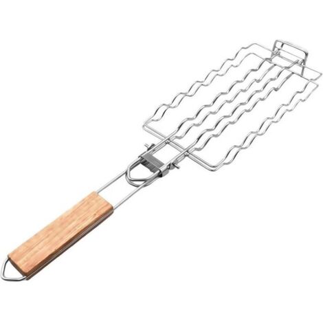 Panier Hot Dog en maille métallique avec fonction de verrouillage sécurisé et poignée en bois orientée confort pour barbecue