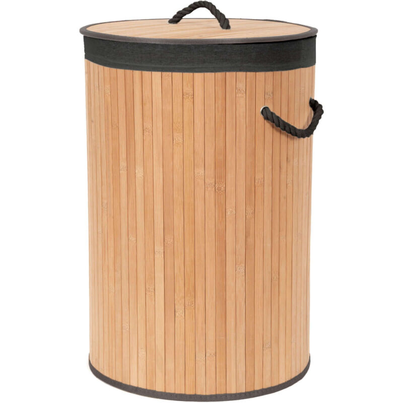Panier à linge rond en bambou avec couvercle - COMPACTOR - 40 x 0 x H.60 cm - Bambou et noir