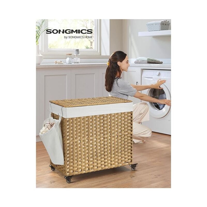 Panier à Linge avec Couvercle, 160L, Corbeille Linge Sale Tressé, avec Roulettes, 3 Compartiments, Sac Intérieur Amovible, pour Buanderie, Chambre,
