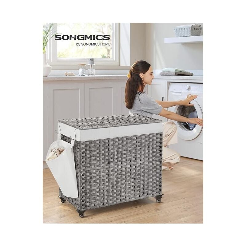 Panier à Linge avec Couvercle, 160L, Corbeille Linge Sale Tressé, avec Roulettes, 3 Compartiments, Sac Intérieur Amovible, pour Buanderie, Chambre,