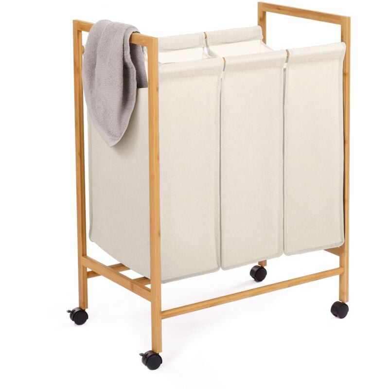 Panier à linge 3 compartiments en bambou RITA tissu écru avec roulettes