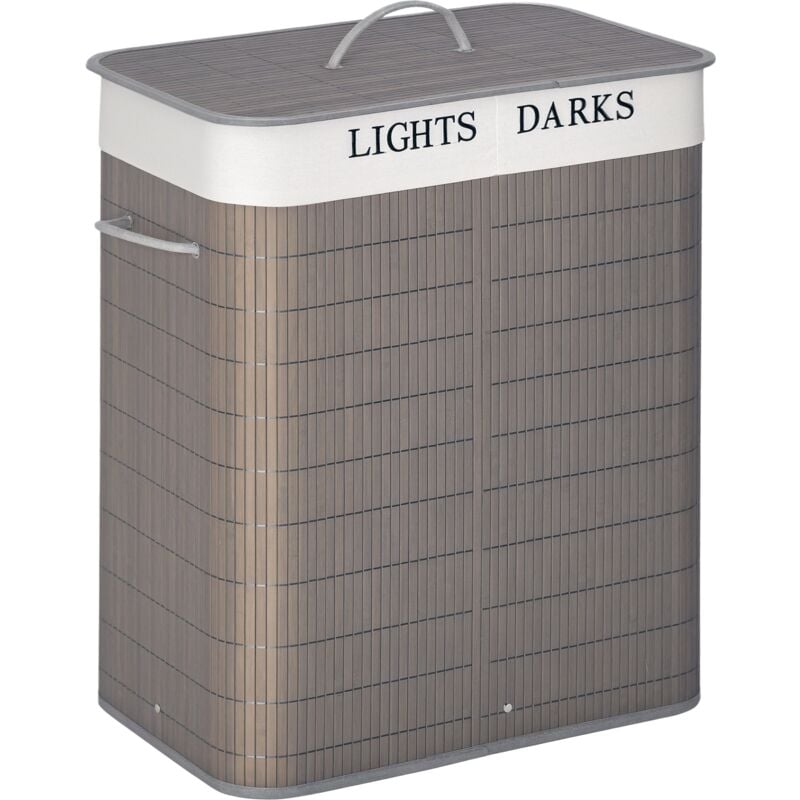 Panier à linge corbeille à linge 2 bacs bambou pliable couvercle poignée sac amovible en toile gris