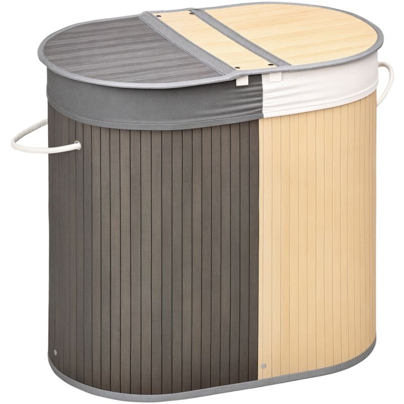 Panier à linge corbeille à linge bac à linge 100 l 2 compartiments couvercle sac amovible 2 poignées tissu bambou