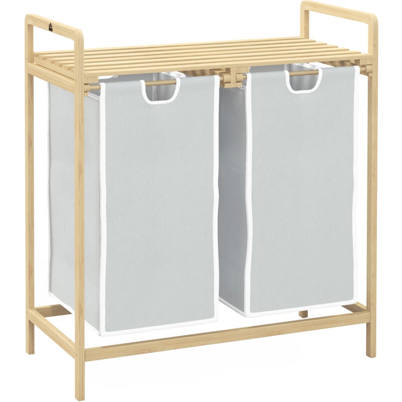 Homcom - Panier à linge corbeille à linge bambou 2 paniers amovibles crème