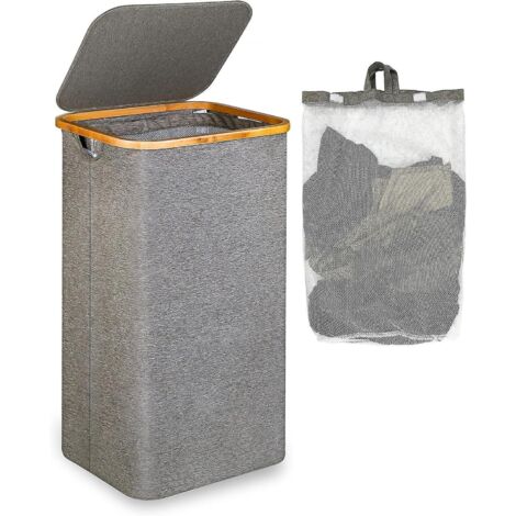 panier  Linge De 110 Litres Avec Pochette En Filet Et Couvercle (gris), Poigne En Bambou, Panier  Linge Pliable Xxl