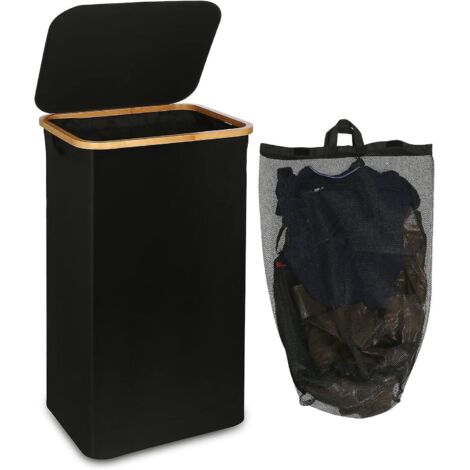 panier  Linge De 110 Litres Avec Pochette En Filet Et Couvercle (noir), Poigne En Bambou, Panier  Linge Pliable Xxl