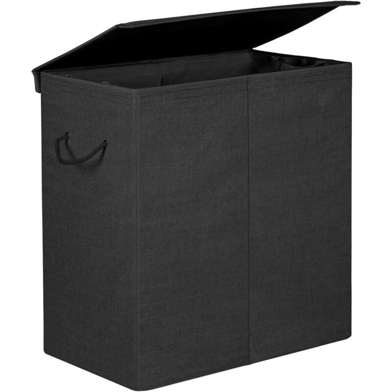 Panier à Linge de 142L, Corbeille 2 Compartiments en Tissu de Lin, Séparateur des Vêtements avec Couvercle Magnétique et Poignées, Pliable, Sac