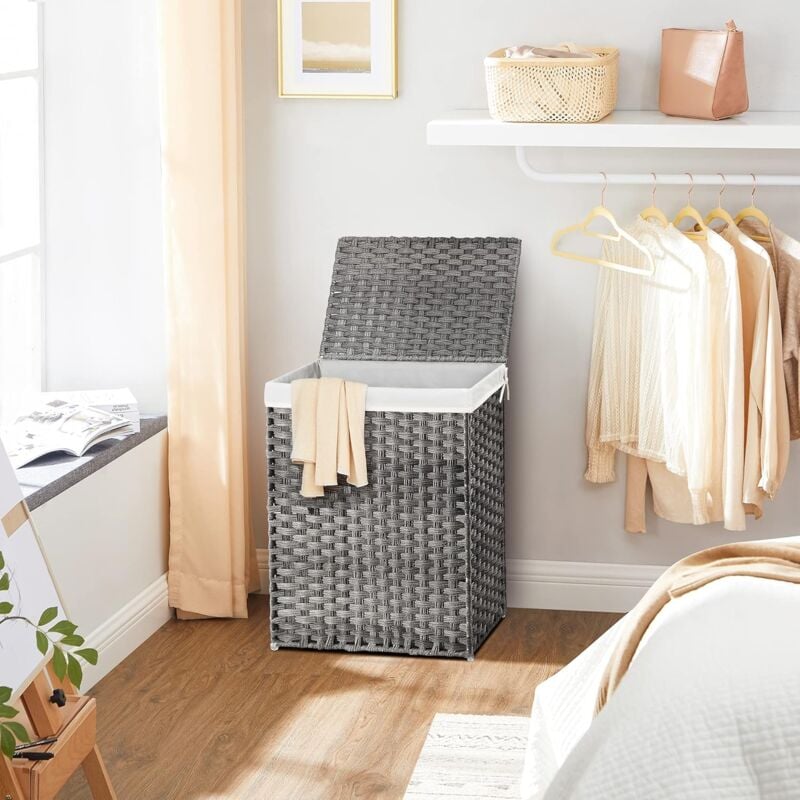 Panier à linge de 90L, tissé à la main, Corbeille à vêtements en rotin synthétique, avec couvercle et poignées, pliable, sac intérieur amovible, Gris