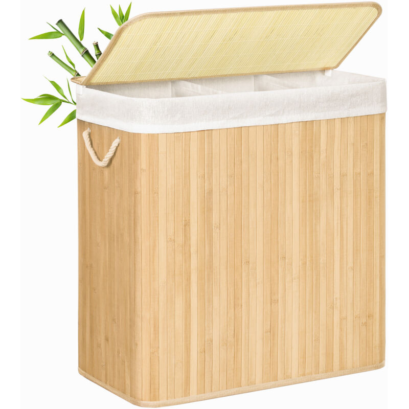 Panier à linge à 3 compartiments, avec couvercle et poignées, Corbeille à linge 150L, pliable, pour buanderie, chambre, Couleur boisée LCB091N01