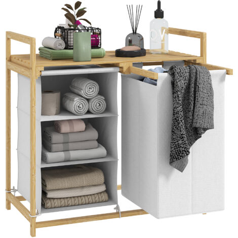 Panier linge sac linge tiroir tissu bambou 70x36x70 cm blanc bois