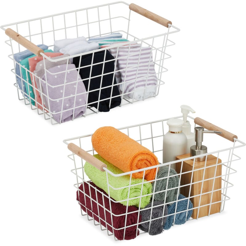 Panier de rangement en métal, lot de 2, poignées en bois, 16 x 31 x 21 cm, rectangulaire, blanc - Relaxdays