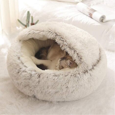 Panier moelleux pour chat, rond, en peluche douce, avec capuche, idéal pour l'hiver, chaud et confortable, antidérapant et lavable en machine, pour chats et chiots.