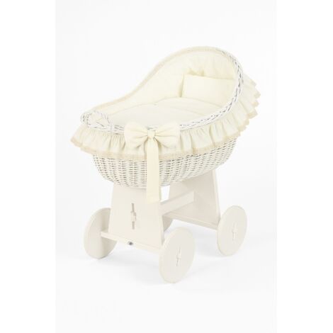 Panier Moïse en osier Carina avec abri en osier, literie blanche + crème