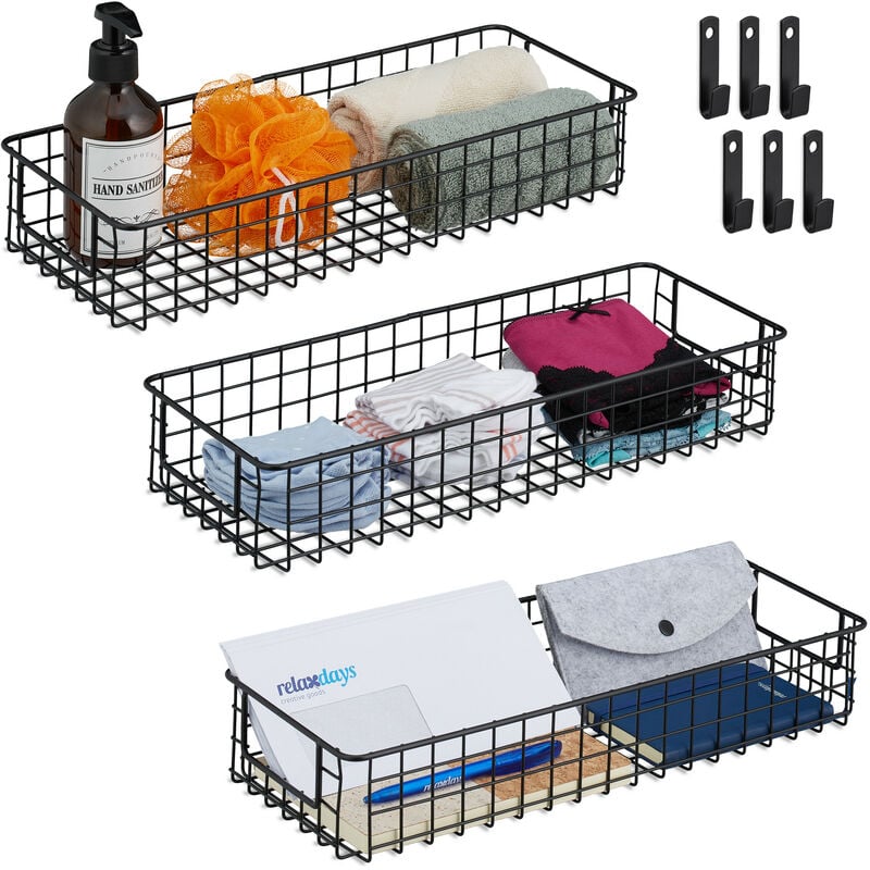 Panier noir en métal, lot de 3, corbeille, rangement, poignées, h x l x p : 7,5 x41 x 16 cm, noir - Relaxdays