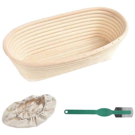 Panier ovale en rotin pour la fermentation de la pâte à pain avec couvercle en tissu et racleur - 25 x 15 x 8 cm