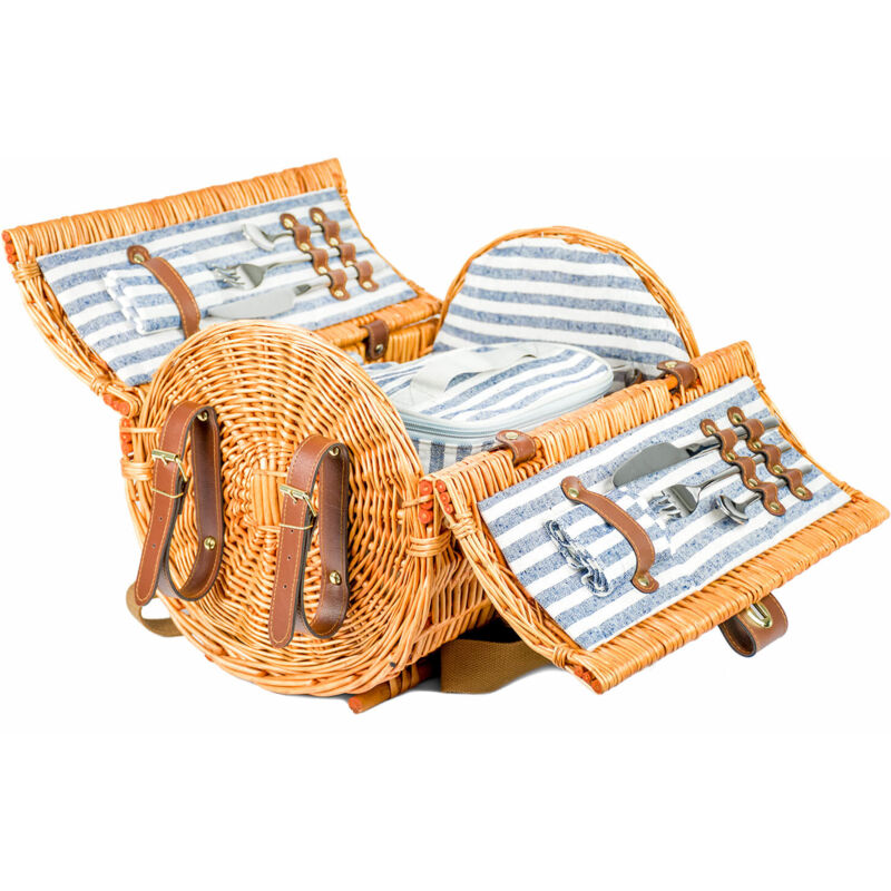 Panier pique-nique rond avec vaisselle 2 personnes + couverture - Fait main