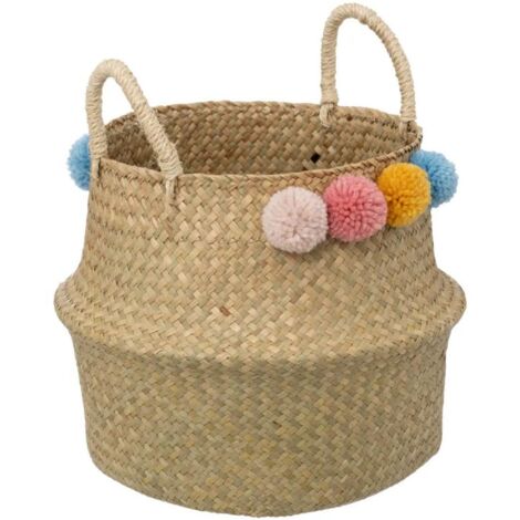 Panier Pliable en Roseau Pompons 38cm Naturel
