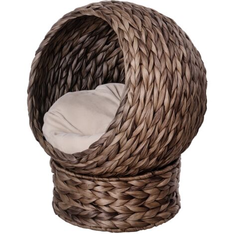 Panier pour chat en jacinthe d'eau avec coussin, lit pour chat, couchage animal, 50x42x60 cm, marron et beige