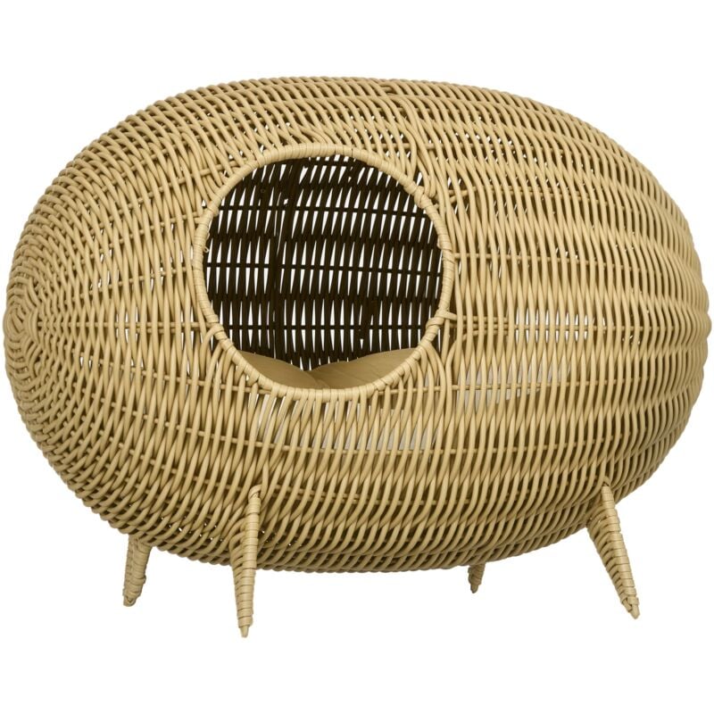 Pawhut - Panier pour chat en résine tressée imitation rotin grand confort dim. 55L x 36l x 42H cm coussin moelleux beige inclus