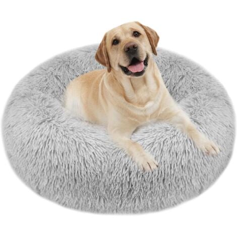 L&H-CFCAHL Panier pour Chien, Lit Ronde en Forme de Beignet Ø80cm, Canapé, Coussin Central Amovible et Lavable, Tissu Peluche Doux, Gris