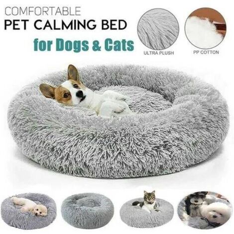 Panier pour Chien, Lit Ronde en Forme de Beignet Ø80cm, Canapé, Coussin Central Amovible et Lavable, Tissu Peluche Doux, Gris