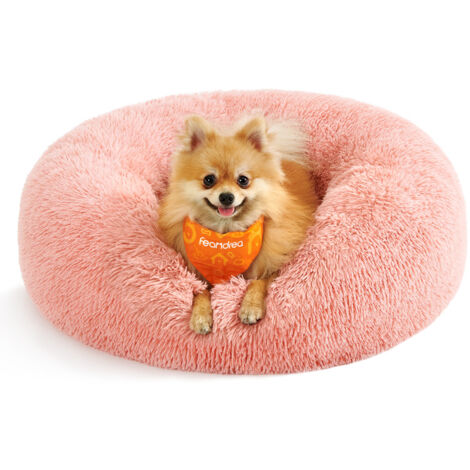 Panier pour Chien, Lit Ronde en Forme de Beignet, Canapé, Coussin Central Amovible et Lavable, Tissu Peluche Doux, Ø60 cm, Rose