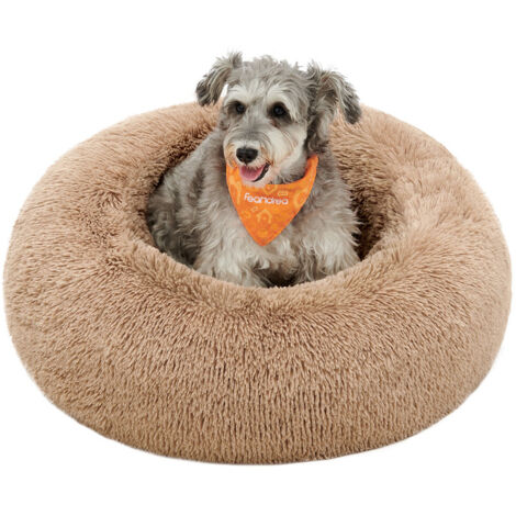 Panier pour Chien, Lit Ronde en Forme de Beignet, Canapé, Coussin Central Amovible et Lavable, Tissu Peluche Doux, Ø70 cm, Marron Camel