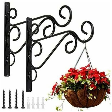 Panier pour paniers, crochets en fer pour mur, support métallique pour usage extérieur avec vis, décoration pour jardin botanique (2 pièces noires 20-25 cm)