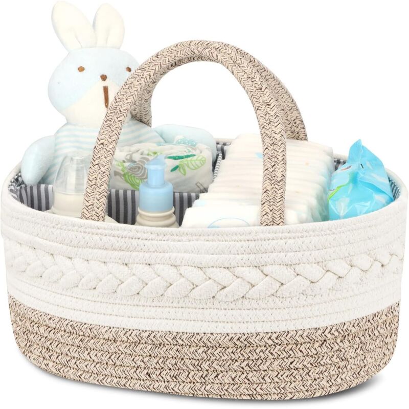 Panier Rangement Bébé, Rangement Lange Bebe avec Compartiments et Poignées, Couches Bebe Portable, Panier Organisateur Bebe de Corde en Coton Cadeau