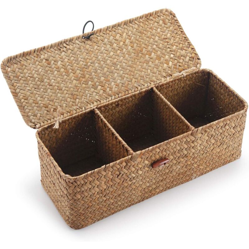 Panier Rangement Jonc de Mer avec Couvercle Rectangulaires Malle en Osier avec Compartiment pour Organiser des Jouets de Collation en Papier Toilette
