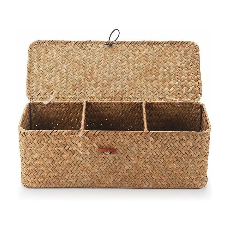 Panier Rangement Jonc de Mer avec Couvercle Rectangulaires Malle en Osier avec Compartiment pour Organiser des Jouets de Collation en Papier Toilette
