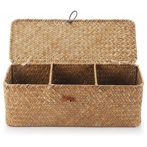 Panier Rangement Jonc de Mer avec Couvercle Rectangulaires Malle en Osier avec Compartiment pour Organiser des Jouets de Collation en Papier Toilette