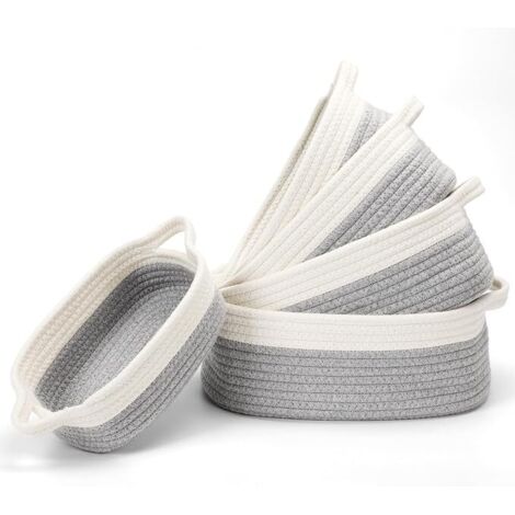 Panier Rangement, Lot de 5 Panier Tissé Corde de Coton, Panier Rangement pour Salle de Bain, Cuisine, Organisateur Table a Langer Bebe, Panier de Rangement Empilable Polyvalent (Blanc/Gris)