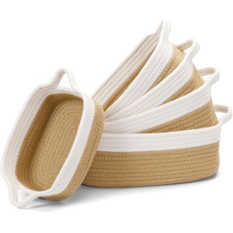 Panier Rangement, Lot de 5 Panier Tissé Corde de Coton, Panier Rangement pour Salle de Bain, Cuisine, Organisateur Table a Langer Bebe, Panier de Rangement Empilable Polyvalent (Blanc/Jaune)