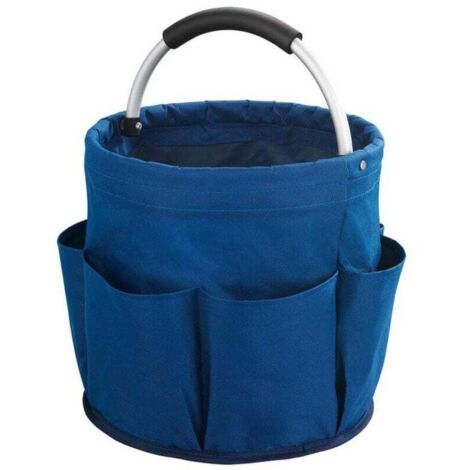 Panier rangement produit d'entretien, 6 rangements, pliable avec poignée de transport, Polyester, ø28x54 cm, bleu