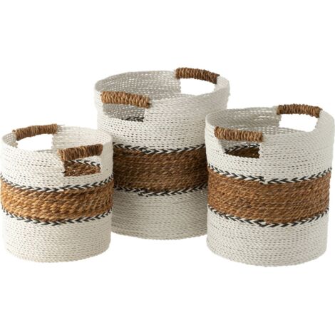 Panier rangement raphia naturel et blanc pour intérieur élégant - Blanc naturel et marron raphia