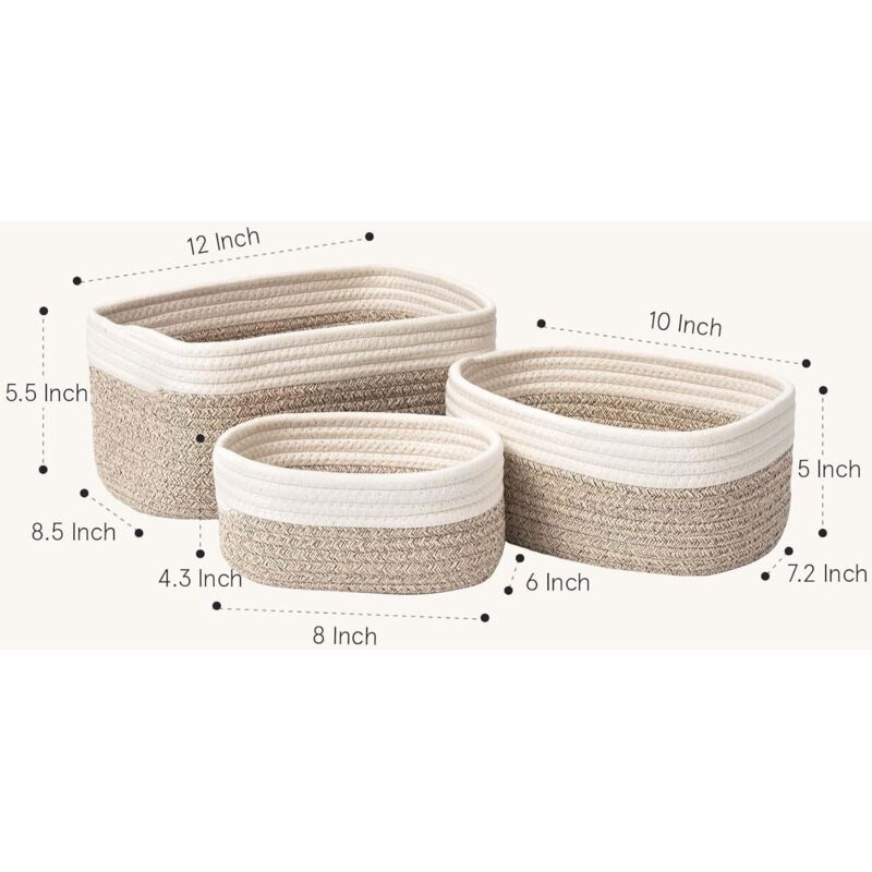 Panier Rangement,Lot de 3 Panier de Rangement Tressés en Coton,Corbeille Rangement pour Salle de Bain,Cuisine,Organisateur Table a Langer