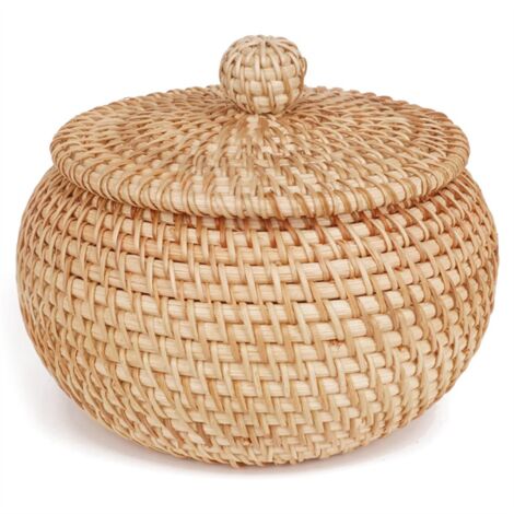 Panier rond en osier avec couvercle, idéal comme panier à pain, panier à fruits et autres paniers alimentaires, et également adapté aux étagères de bureau.