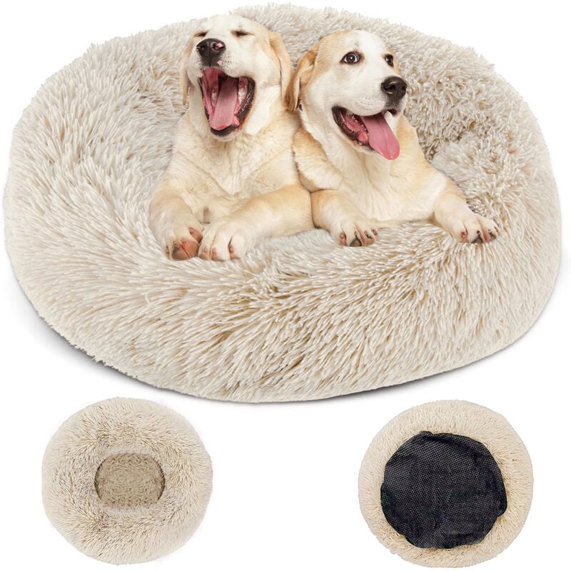 Panier Rond pour Chiens Ø80cm, Coussin Doux Antidérapant Donut pour Chats, Lit Apaisant en Peluche avec Housse Amovible et Lavable