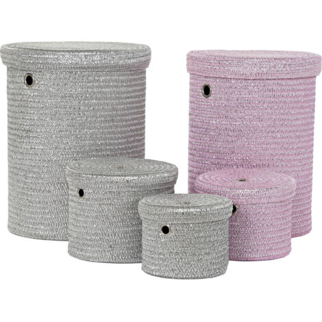 Panier rose tressé pour une déco chic et rangée - Rose poudré et accents gris