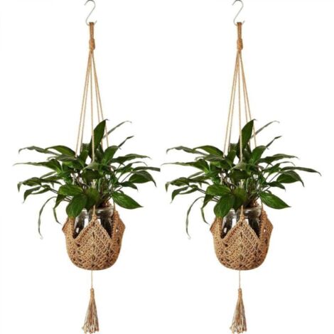 Panier suspendu en corde de chanvre tressée marron longueur 105 cm 2 pots de fleurs de jardinage créatifs sac en filet suspendu avec crochet