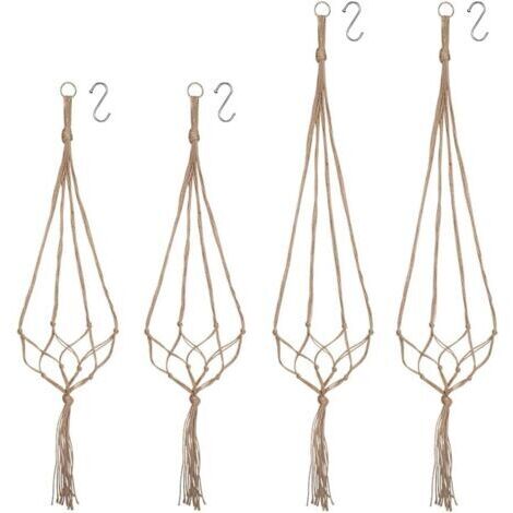 Panier Suspendu en Macramé, Ensemble de 4 Boho Décoratif en Corde de Chanvre Support de Pot de Fleur Suspendu Panier Suspendu Plantes pour Plafonds Extérieurs Intérieurs Balcons Décoration