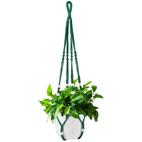 Panier suspendu pour plante d'intérieur en corde de coton vert foncé, 98 cm, avec perles en bois, pour la décoration intérieure, crochets non inclus.