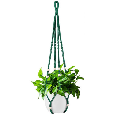 Panier suspendu pour plante d'intérieur en corde de coton vert foncé, 98 cm, avec perles en bois, pour la décoration intérieure, crochets non inclus.