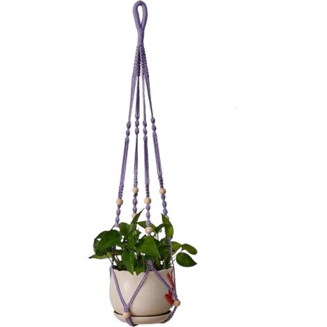 Panier suspendu pour plantes en corde de coton violette, 98 cm, avec perles en bois, pour décoration intérieure, crochets non inclus.