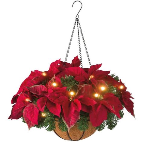 Panier Suspendu prééclairé avec Lumières LED, Pommes de Pin et Décoration de Baies Rouges pour Décoration de Noël en Plein Air (1)