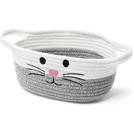 Panier Tissé - Corde Coton - Poignée Intégrée - Pour Rangement Jouets Chats Chiens Enfants - Déco Bohème - 34 x 14 cm - Gris