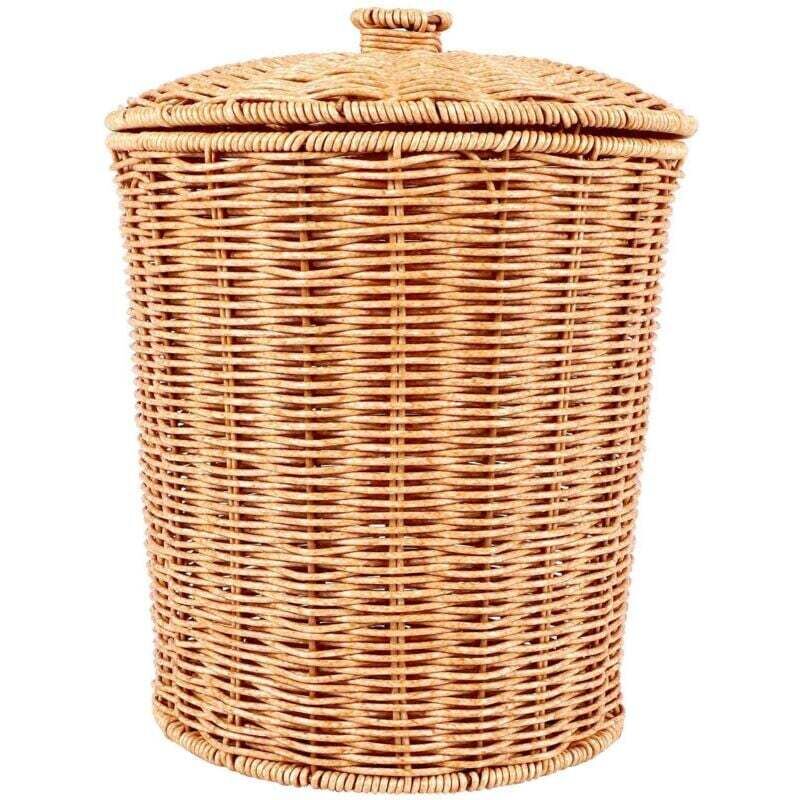 Panier de Rangement en Osier Naturel avec Couvercle Poubelle Ronde Décorative