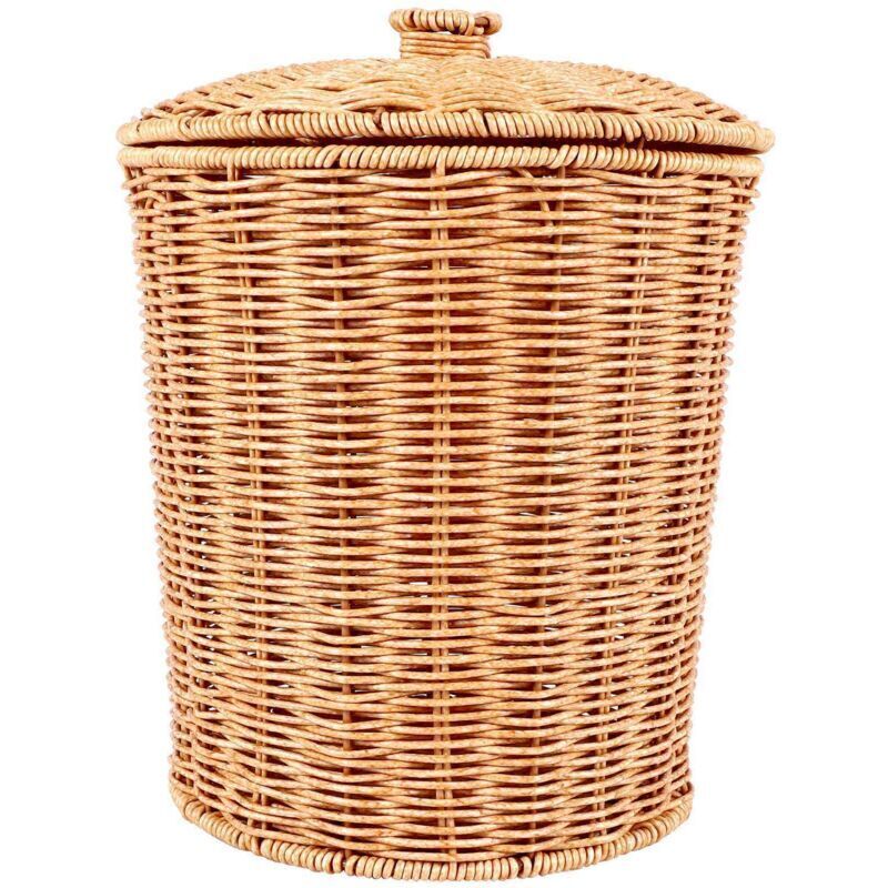 Panier Tissé Poubelle Ronde Rotin avec Couvercle JardinièRe Paniers de Rangement en Osier