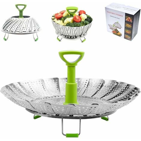 Panier Vapeur Inox, 9'' Cuit Vapeur Inoxydable pour Autocuiseur avec Manche Télescopique, Panier pour Cuire à la Vapeur, Fleur Marguerite Cuisson Vapeur, Pliable Vegetable Steamer Accessoire